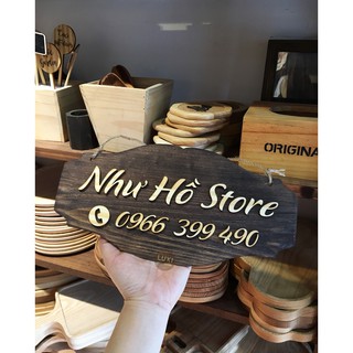 Bảng tên shop + số điện thoại (dán chữ gỗ nổi sang trọng)
