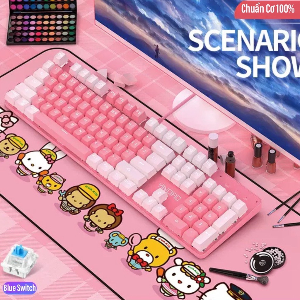 Bàn Phím Cơ Gaming Blue Switch Và Chuột Máy Tính LapTop YINOIAO ZK4V G15 LED 12 Chế Độ Màu Hồng Trắng Rễ Thương Cao Cấp