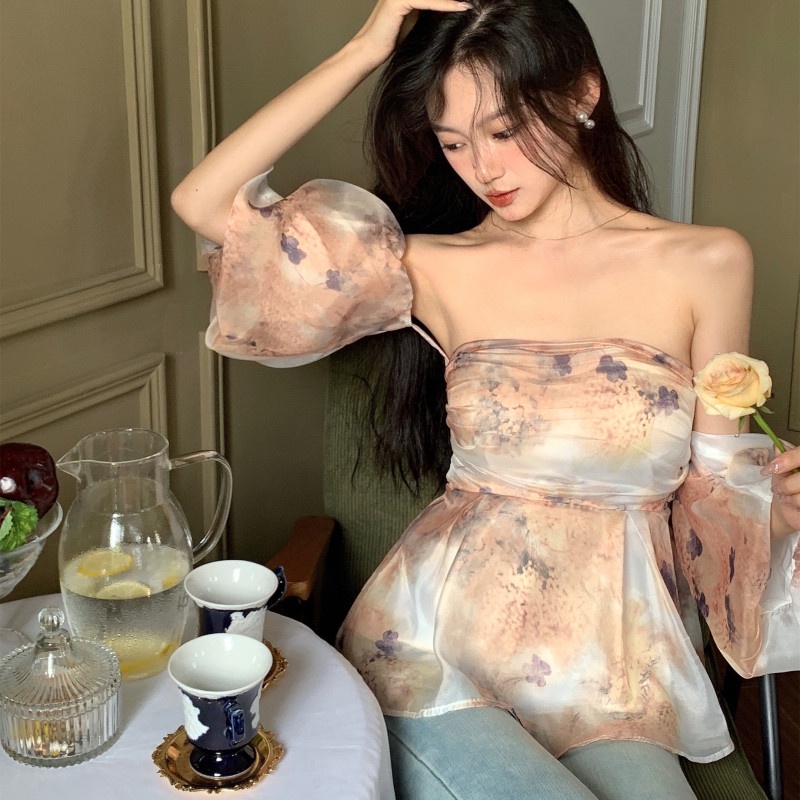 Áo Nữ Tay Ngắn Hở Vai Họa Tiết Hoa Thời Trang Quyến Rũ