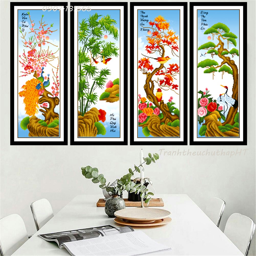 Tranh thêu chữ thâp tứ quý KT:134x78cm,tranh chưa thêu.Tặng kéo và xỏ chỉ