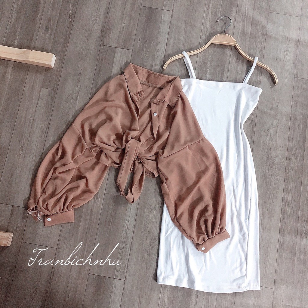 set áo sơ mi voan xinh màu nâu đầm trắng thun cotton siêu xinh xắn