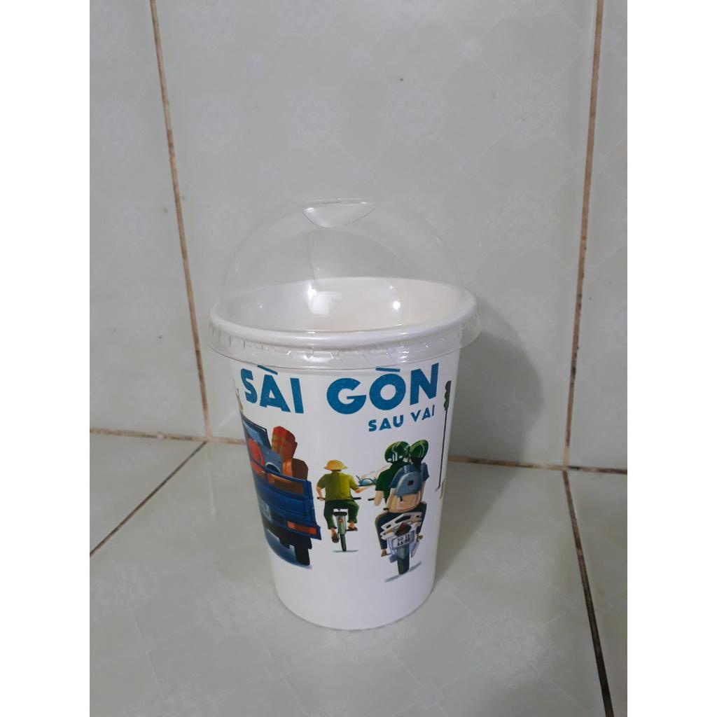 Ly giấy 360ml - 14oz mẫu Sài Gòn Sau Vai, Set 100 cái kèm nắp