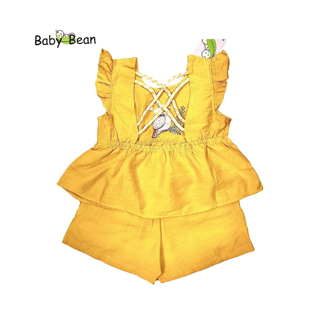 Bộ Đồ Đũi Chéo Lưng Đính Nơ thêu Chim Bé Gái BabyBean (10kg-35kg)