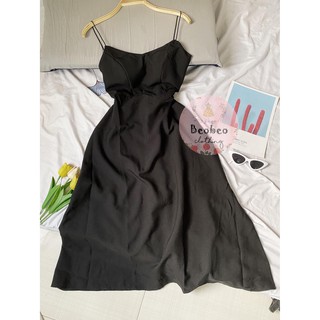 [Ảnh thật] Đầm maxi đen 2 dây đan dây lưng vintage