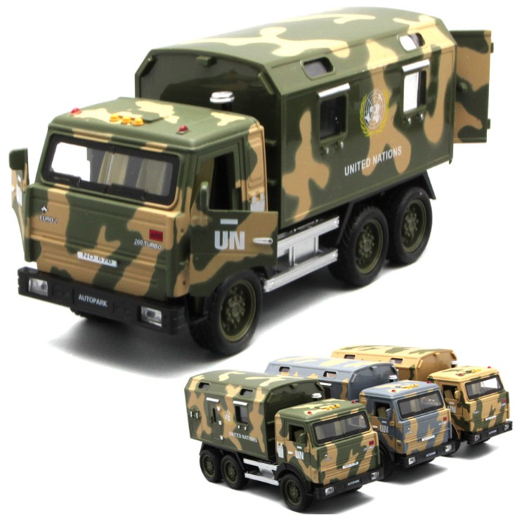 Xe ô tô tải quân đội đồ chơi trẻ em mô hình xe bằng hợp kim và nhựa tỉ lệ 1:32 có âm thanh động cơ và đèn