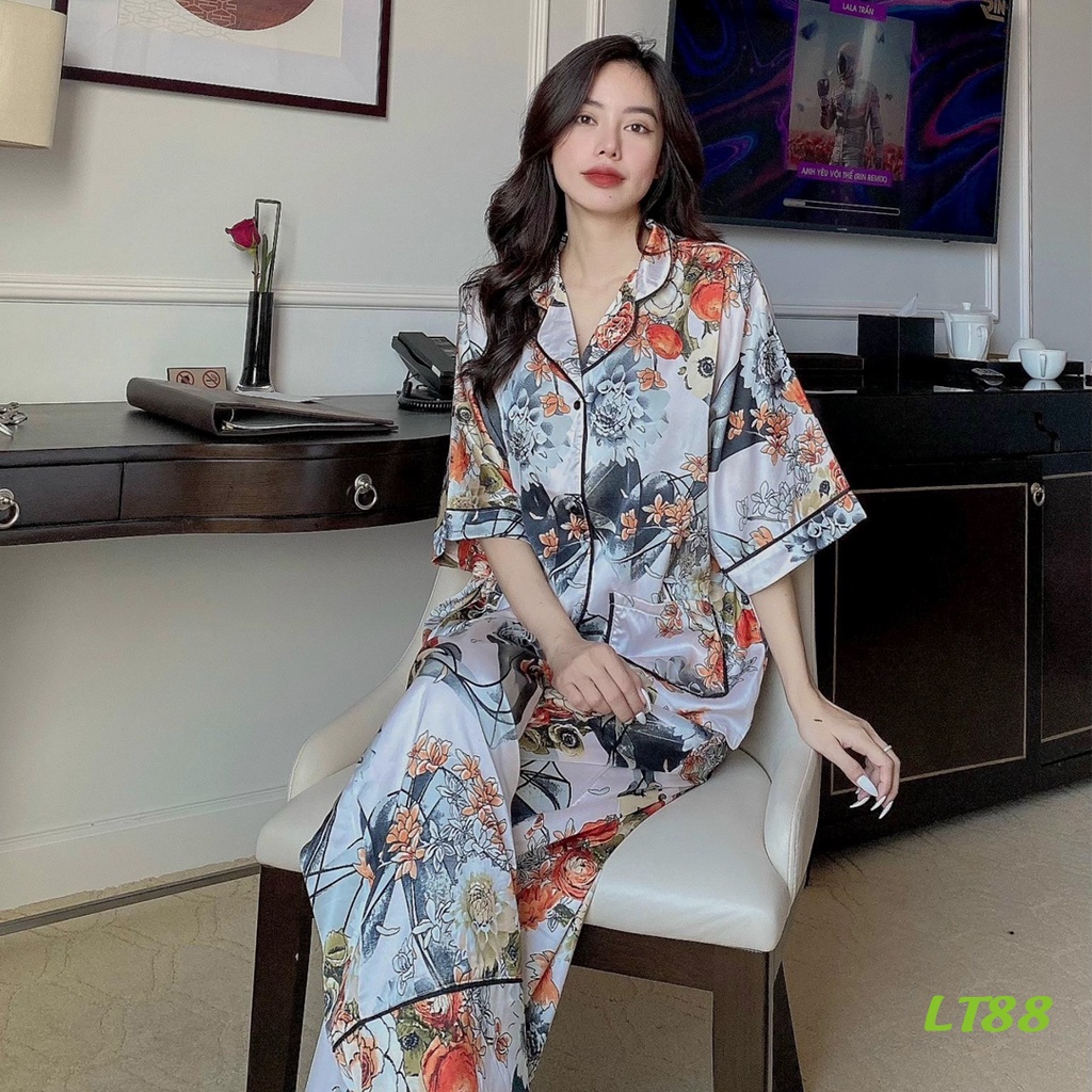 Đồ bộ pijama lụa Latin cao cấp tay cánh dơi size M(50-70kg) hồng nhạt hoa LT88