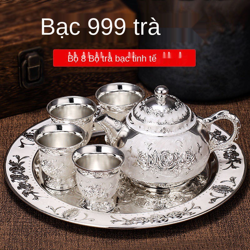 Bộ ấm trà bạc trắng Baifu 999 phong cách Trung Quốc 1 khay, ấm, 6 tách Châu Âu, retro, quà tặng miễn phí