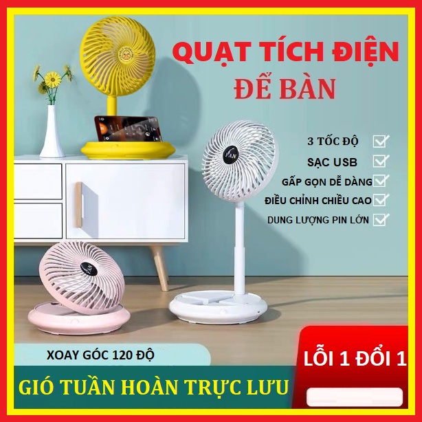 Quạt tích điện để bàn, quạt mini không dây sạc pin USB có 3 tốc độ gió, pin 1200mAh