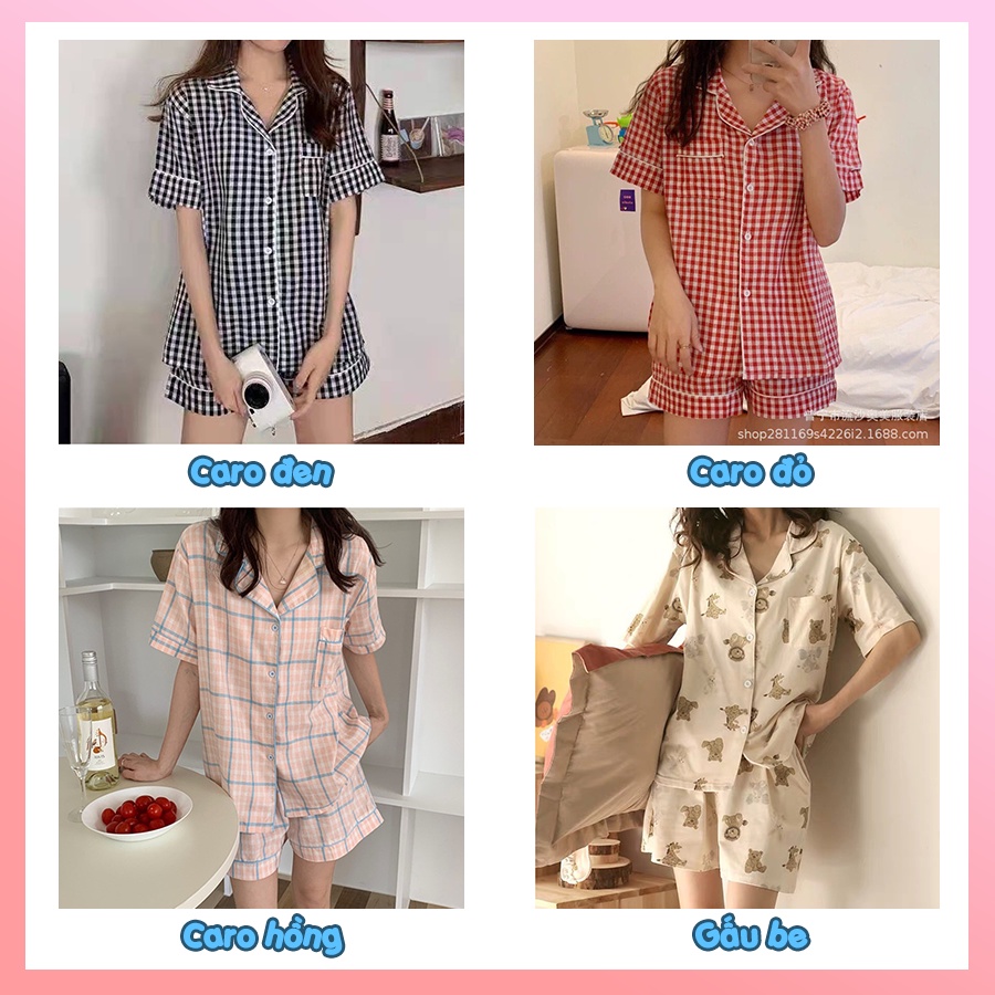 Pijama nữ đùi caro dễ thương cộc tay chất cotton co giãn cao cấp PJMCOC01