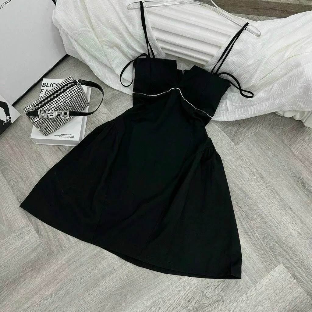 Đầm váy nữ xòe 2 dây vải umi đính kim sa sang trọng quý phái tôn dáng trẻ trung sang trọng thanh lịch siêu xinh