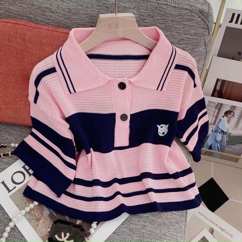 áo len kẻ,áo len cổ đức dáng ngắn ảnh thật trải nền Mã 245