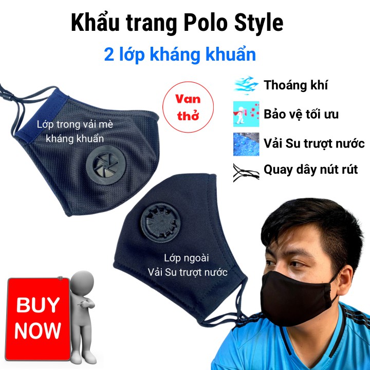 Combo 50 khẩu trang có Van thở 2 lớp vải su POLO Style - Chống nước, dễ thở, đeo thoải mái không đau tai