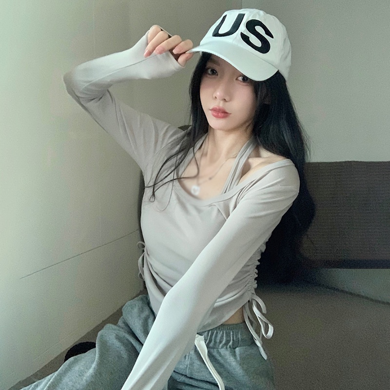 Set Áo Hai Dây + Áo Thun Tay Dài Màu Sắc Đơn Giản Phong Cách Retro Dành Cho Nữ