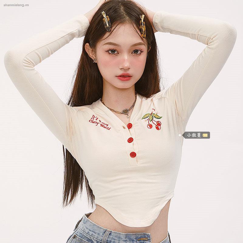 Áo thun mỏng tay dài thêu họa tiết quả cherry phong cách Hàn Quốc thời trang mùa thu cho nữ
