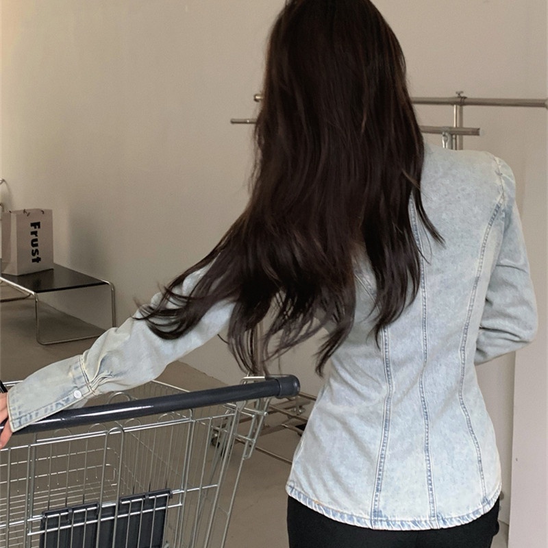 Áo Sơ Mi Denim Tay Dài Thắt Dây Chéo Phong Cách Cổ Điển Thời Trang Cho Nữ