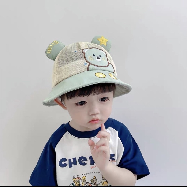 Mũ cho bé trai bé gái vành tròn thêu gấu vẫy tay tai hello dễ thương , phù hợp 4 tháng - 3 tuổi