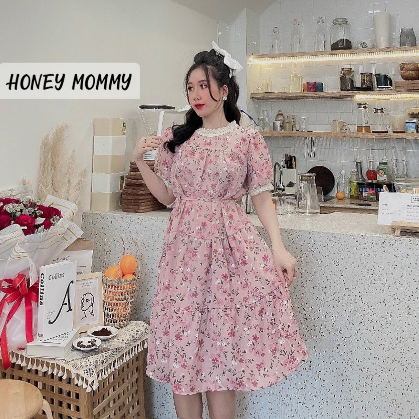 Váy Bầu Voan Hoa Nhí Cổ Ren Kèm Dây Buộc HD2835 Honey Mommy Đầm Bầu Hè Ngắn Tay Công Sở Đi Chơi