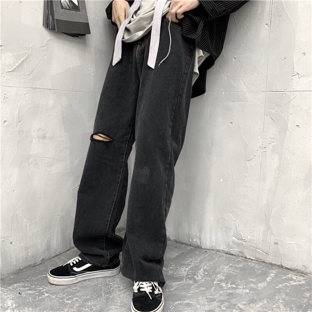 QUẦN BAGGY JEANS ỐNG RỘNG XÁM ĐEN RÁCH GỐI