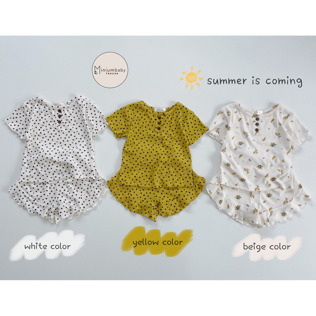 Set Bộ 100% Cotton Ngắn Tay Mặc Mùa Hè Bánh Bèo Chấm Bi 3 Màu Cho Bé Gái. Chất Cotton Lạnh Minky Mom