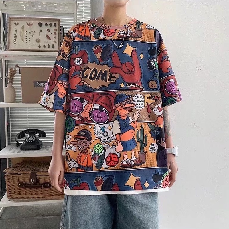 Áo Thun Tay Ngắn Dáng Rộng In Họa Tiết Hoạt Hình Size M-5XL Thời Trang Mùa Hè Cho Nam