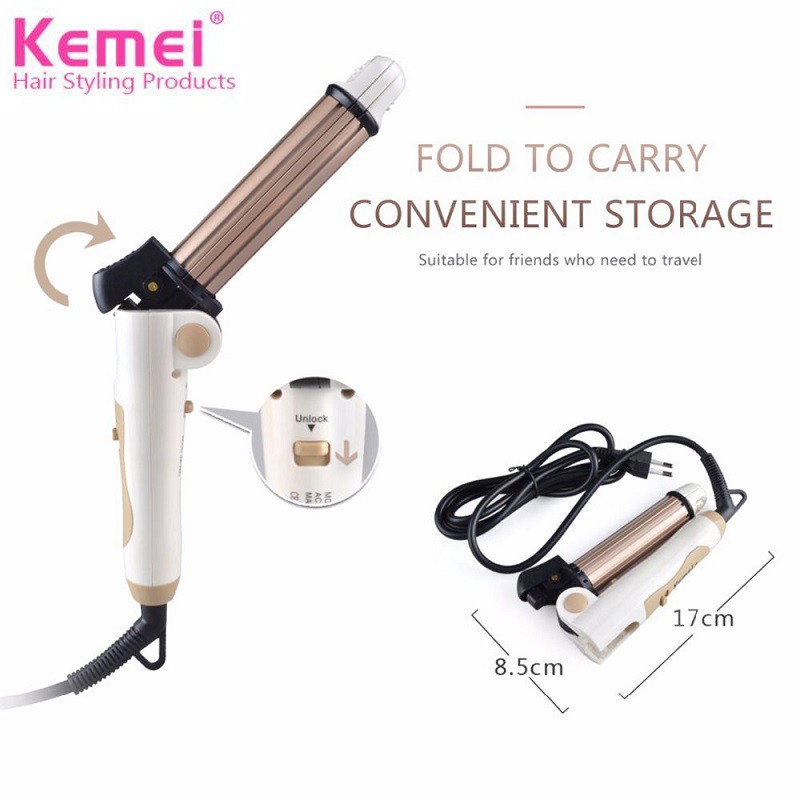 Máy uốn duỗi tóc Kemei, dụng cụ làm tóc đa năng gấp gọn ép, uốn, dập xù 3in1 KM-8851 chất liệu gốm sứ an toàn