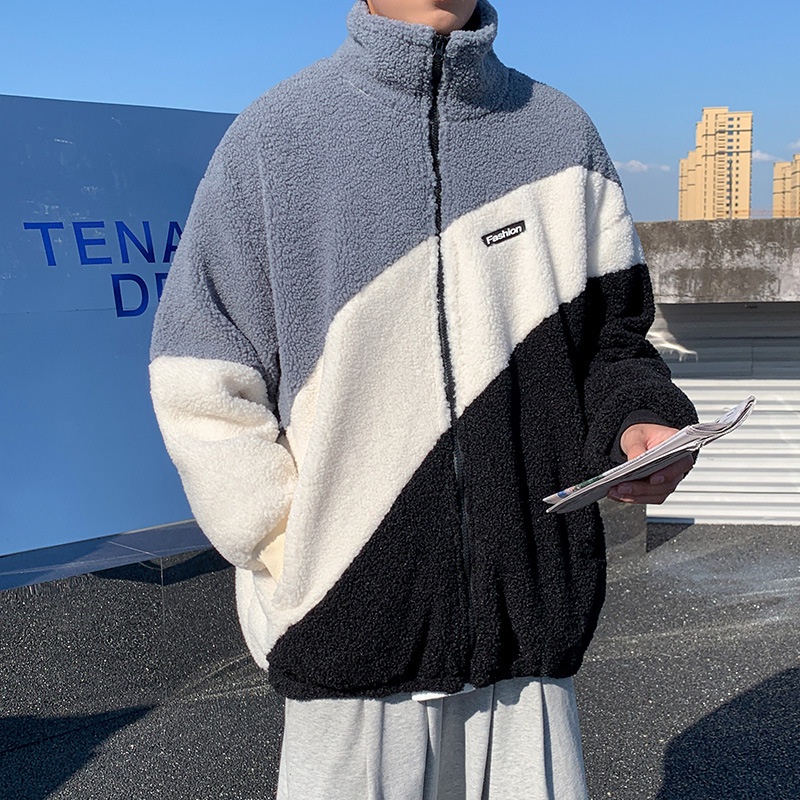 Áo khoác lông cừu AOKANG cổ đứng phối màu cá tính phong cách Nhật Bản thời trang cho nam