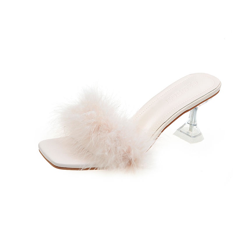 Giày cao gót đính lông xù phong cách mùa hè Hàn Quốc cá tính dễ phối đồ cho nữ