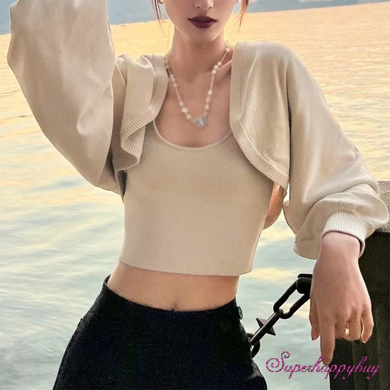 Áo Cardigan Dệt Kim Tay Dài Dáng Ngắn Thời Trang Cho Nữ