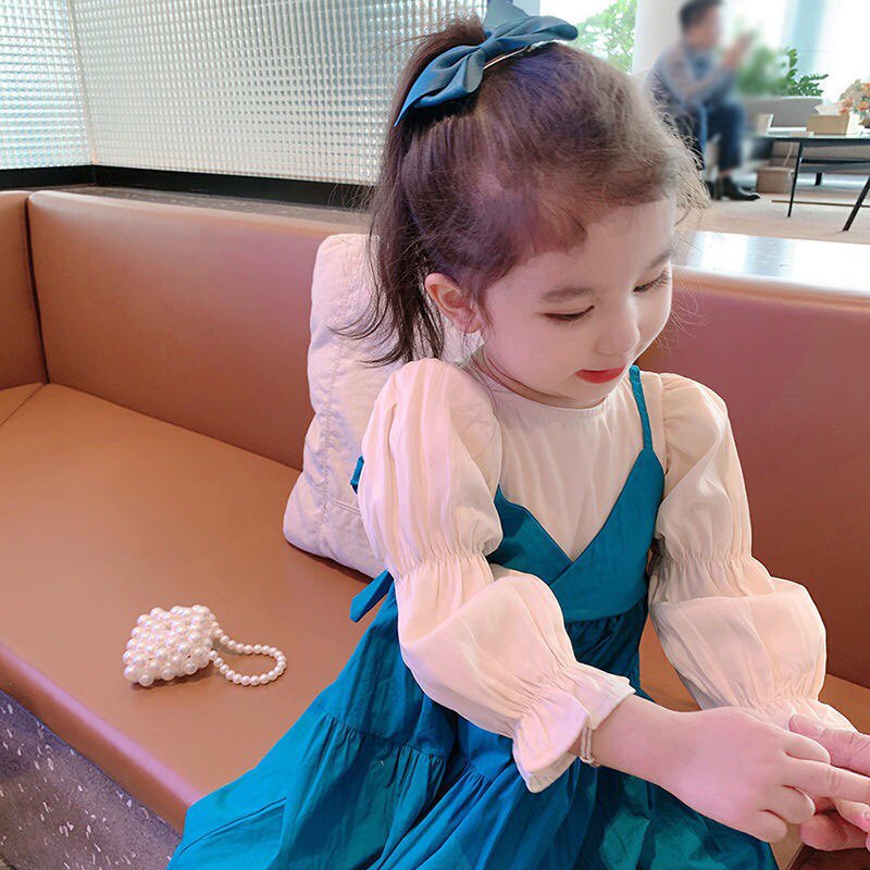 Váy tay bồng phối yếm xanh size 3-7 tuổi(100-150)-mã V427
