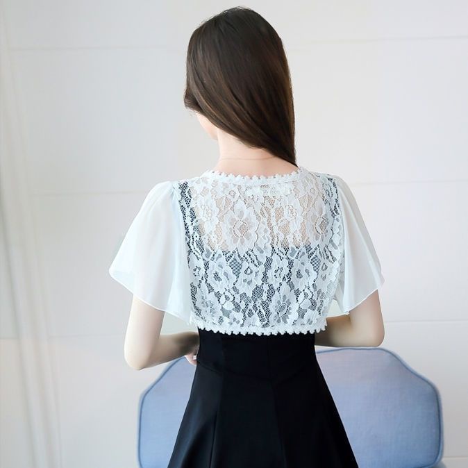 Áo Khoác blazer Vải Voan Tay Ngắn Màu Trắng Đen Phong Cách Bohomian Cho Nữ
