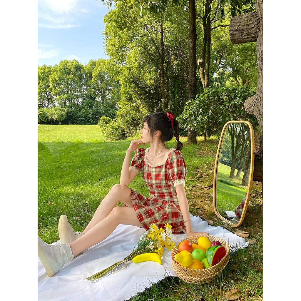 Large Size Dress Retro Plaid Red Dress Square Mouth Bubble Sleeve French Skirt 2020 New Summer | BigBuy360 - bigbuy360.vn