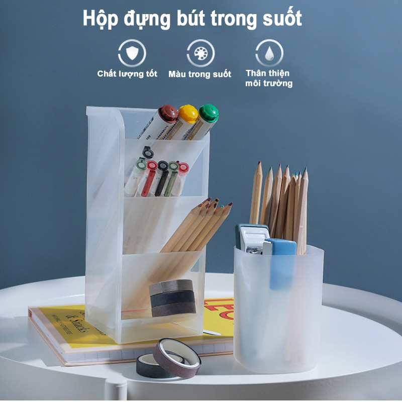 Kệ Nhựa Đựng Bút Trong Suốt 4 Tầng Ngăn Chéo Cho Dân Văn Phòng, Học Sinh Để Bàn Tiện Dụng