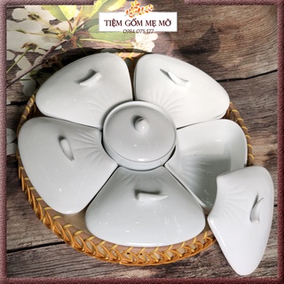 Khay mứt Tết men trắng hoa đào năm cánh gốm sứ Bát Tràng