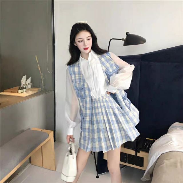 (ORDER) Set áo khoác chân váy xếp ly kèm áo voan tay phồng nữ tính
