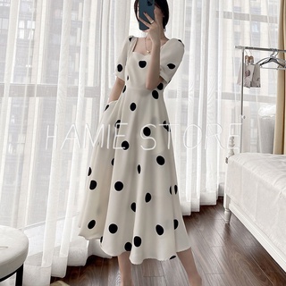 Váy maxi chấm bi dáng dài tay bồng cổ vuông qua gối HSG105