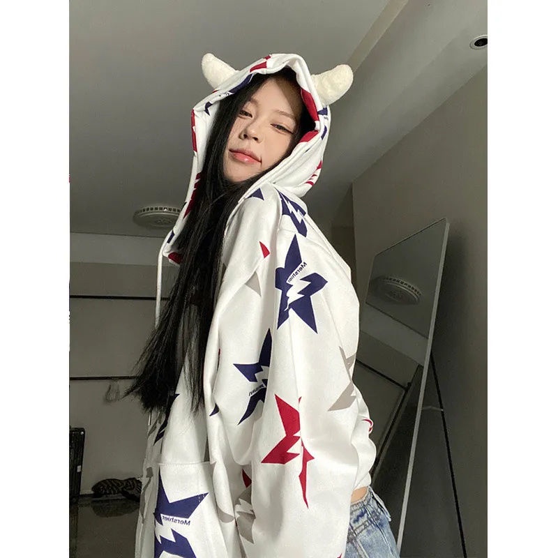 Áo Khoác Cardigan Có Mũ Trùm Đầu Hình Ngôi Sao Phong Cách Hip Hop Retro Mỹ Thiết Kế Niche