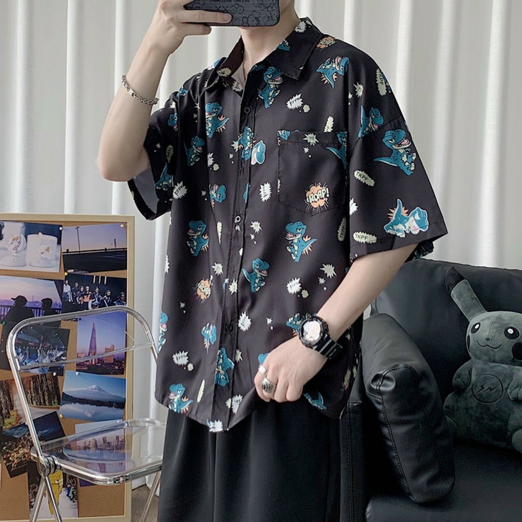 Áo sơ mi tay ngắn form rộng in hình khủng long dễ thương cá tính siêu hot giá rẻ