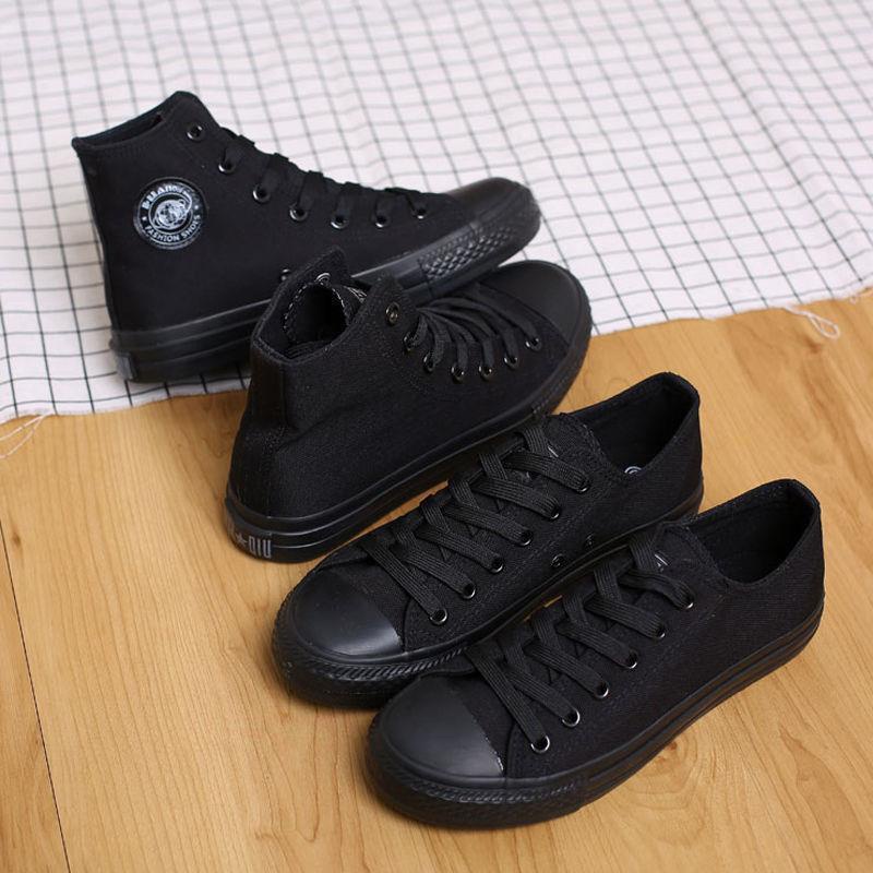 Giày Thể Thao Canvas Màu Đen Đế Bằng Phong Cách Hàn Quốc Cho Cặp Đôi