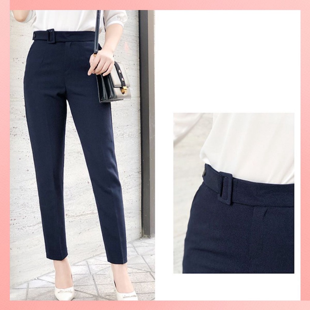 Quần công sở nữ cạp cao đai vuông bọc cúc bấm kiểu dáng baggy ống đứng lưng cao chất vải tuyết mưa mềm mại