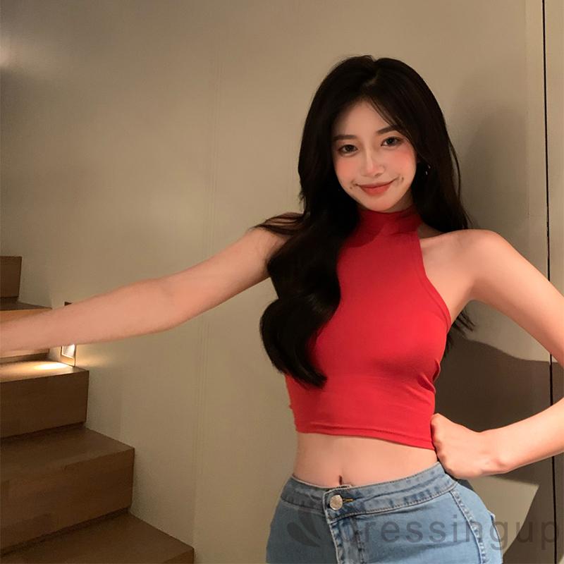 Áo Croptop Không Tay Màu Trơn Dáng Ôm Cột Nơ Sau Lưng Cho Nữ