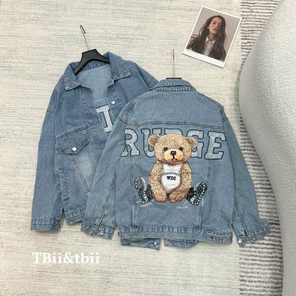 Áo Khoác Nữ Jean UNISEX Form Rộng GẤU Nam Nữ - Áo khoác bò denim GẤU nữ form rộng suông siêu dày dặn cúc đồng - TC130
