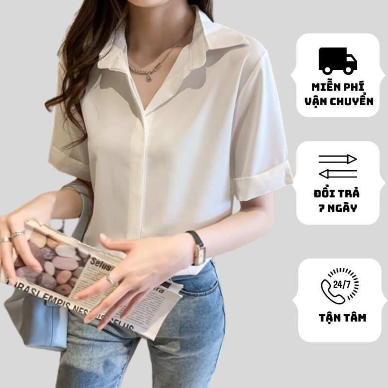 Áo sơ mi nữ tay ngắn form rộng công sở Unisex ,sơ mi trơn chất lụa cao cấp Hàn Quốc