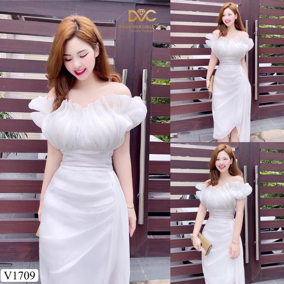 Váy trắng dự tiệc trễ vai V1709 - LiLa Shop DVC (Kèm ảnh thật trải sàn do shop tự chụp)