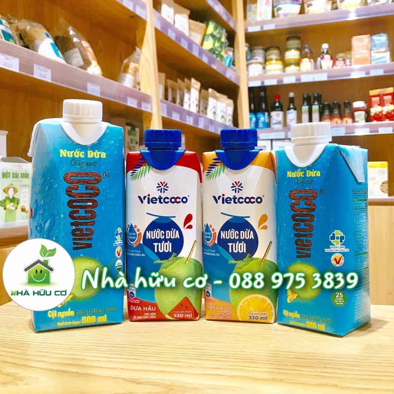 Nước dừa tươi Organic - Nước dừa tươi vị dưa hấu - Nước dừa tươi vị chanh muối - Hộp giấy 330ml - Nhà Hữu Cơ