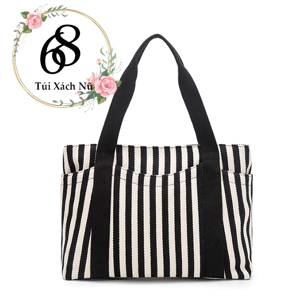 Túi Tote Vải Canvas Cao Cấp Họa Tiết Kẻ Sọc Nhiều Ngăn Sành Điệu HÀNG CHUẨN LOẠI 1