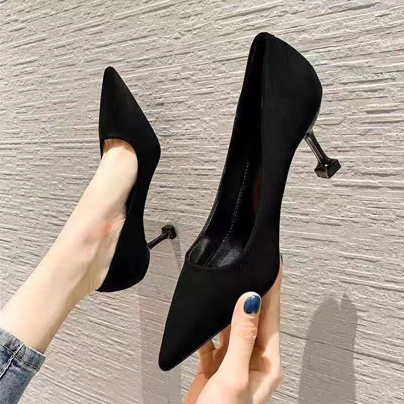 Giày Cao Gót Da Lộn Màu Đen Mũi Nhọn 5cm Thời Trang Công Sở Chuyên Nghiệp Cho Nữ 2021 7cm