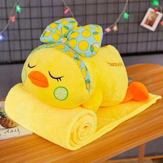 Gối mền gấu bông vịt vàng nơ xanh bộ chăn gối văn phòng siêu đáng iu