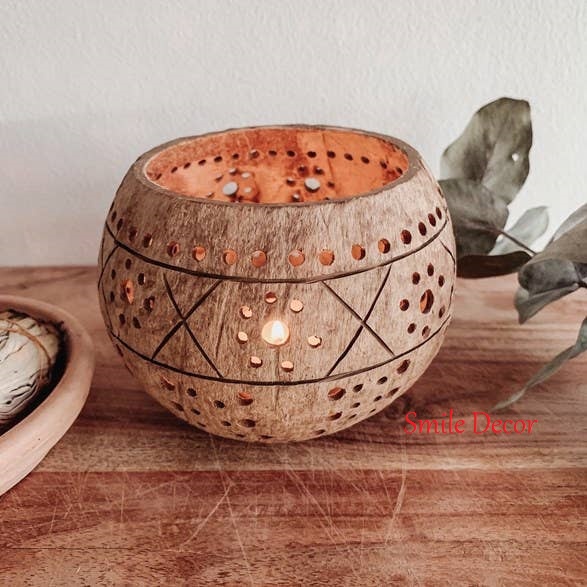 Lồng đèn , đế đựng nến bằng gáo dừa Smile Decor thủ công độc đáo , truyền thống , vintage