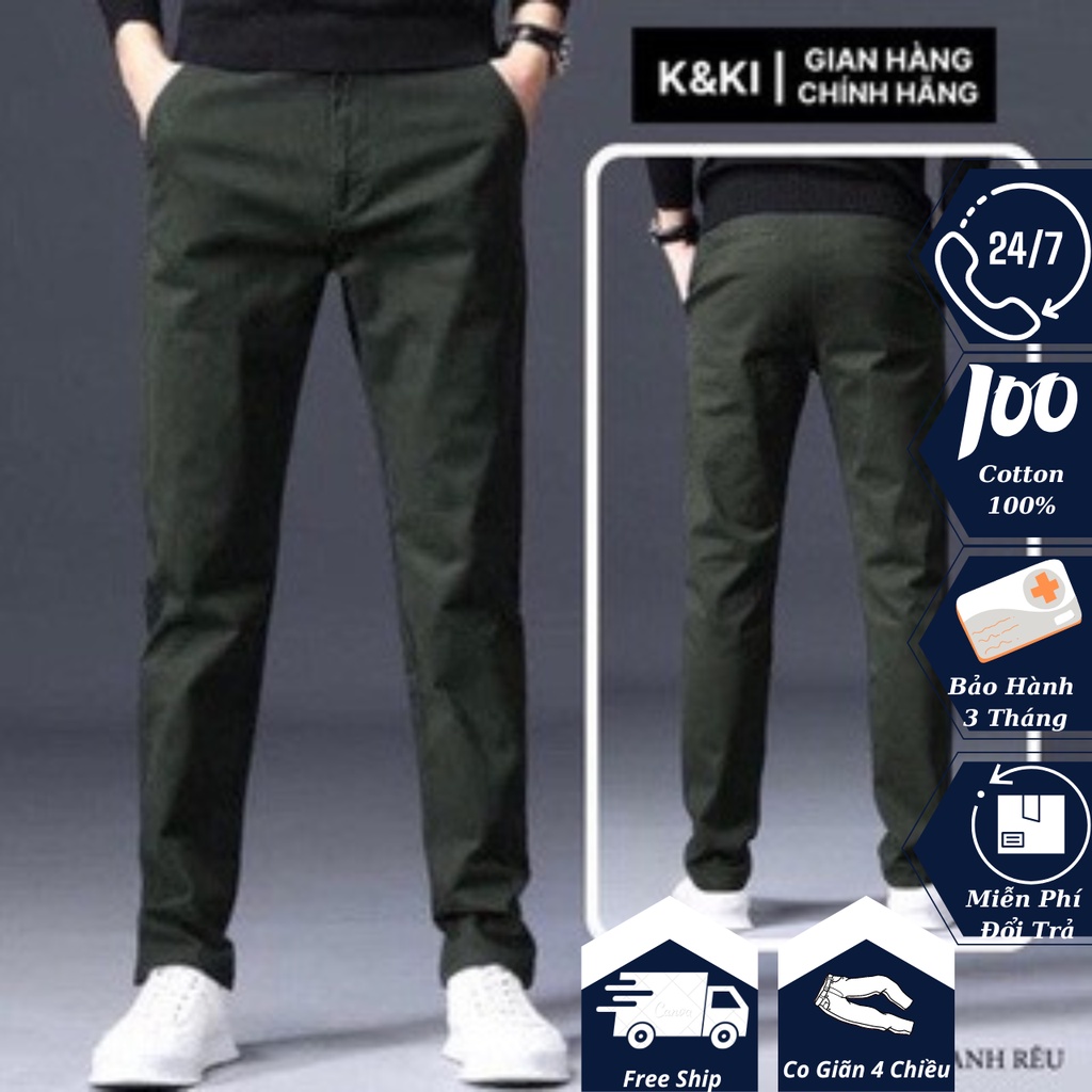 Quần kaki nam đẹp K&KI kiểu dáng dài trơn xanh rêu K06, form slimfit, vải kaki cotton co giãn cao cấp xuất khẩu giá tốt