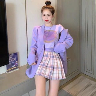 Set vest + áo croptop + chân váy xếp ly ulzzang tím hottrend